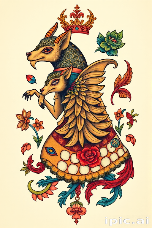 Neo-traditional tattoo titled "Regal Bestiary" featuring stylized animals with bold outlines ornate decorative elements and a rich jewel-toned color palette for a modern twist on classic designs