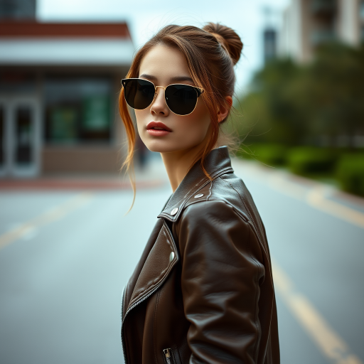 Outdoor shot, stunning female model, vintage leather jacket, sunglasses, cinematic effect, Position the camera at the model’s eye level using a 35mm f/1.4 lens