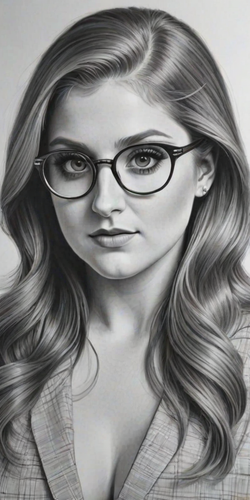 Sublime Meghan Trainor, pencil sketch, portrait of Lovely woman 1942s in glasses, hair style beatnik, outline, clear lines, fine lines, 8k