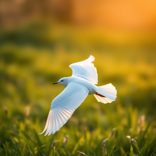 regenerate a serene image of a white bird in flight over green grass, using a Canon EOS 5D Mark IV with a 70-200mm f/2.8 lens, aperture set at f/4, ISO 400, shutter speed 1/2000s, focus on the bird with a soft blurred background, natural lighting during golden hour