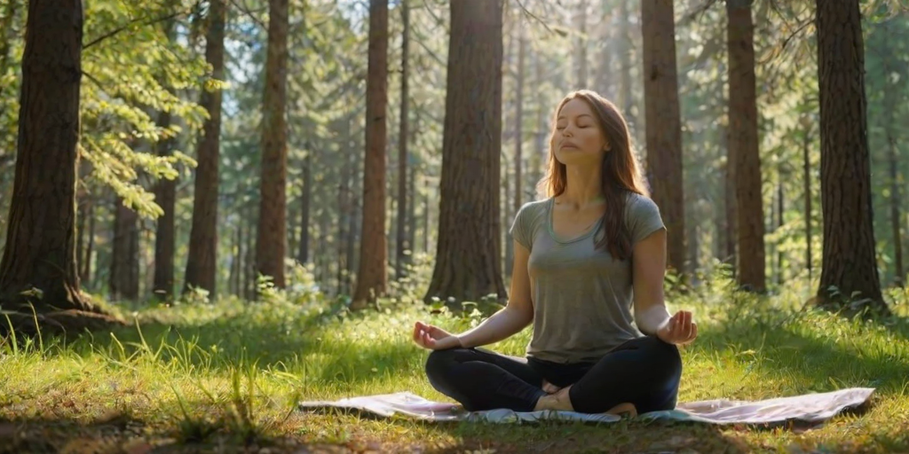Peaceful forest clearing at midday, sunlight filtering through the trees, a woman sits cross-legged on the grass, her eyes closed as she meditates, the sounds of nature all around her.