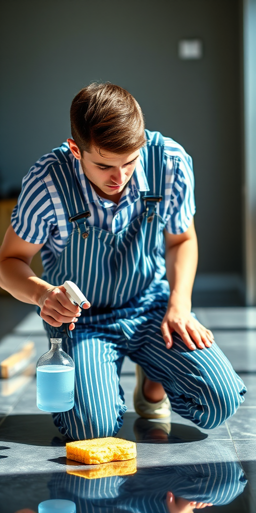 A young man in striped overalls kneeling while cleaning a surface, holding a spray bottle in one hand and a sponge in the other, realistic lighting, 35mm lens, f/2.8 aperture, ISO 100, natural light, shallow depth of field, soft focus background.