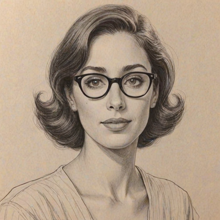 Magnificent Catherine Reitman, pencil sketch, portrait of Superb woman 1954s in glasses, hair style beatnik, outline, clear lines, fine lines, 8k