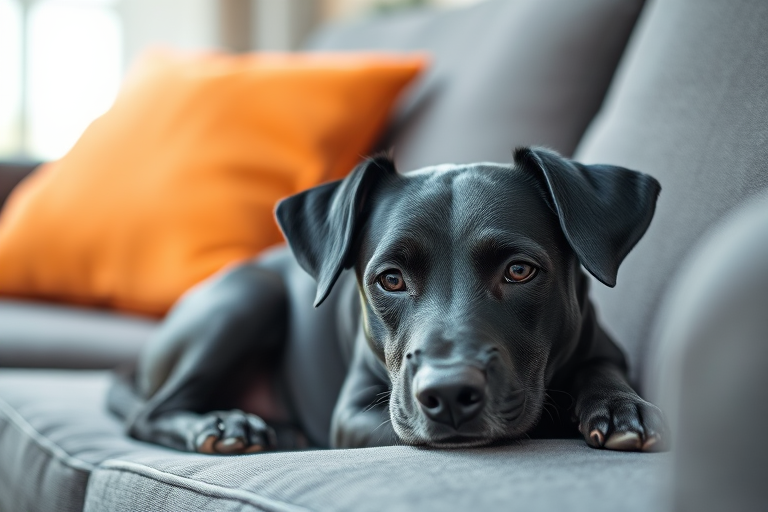 Regenerate a high-quality image of a black dog resting on a gray couch with an orange pillow in the background, shot with a DSLR camera, 50mm lens, aperture f/1.8, ISO 200, natural light, shallow depth of field.