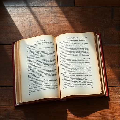 photograph an open vintage book on a wooden table with soft, natural lighting, use a Canon EOS 5D Mark IV with a 50mm lens, aperture f/1.8, ISO 100, shutter speed 1/60s, captured from a top-down angle for detailed text visibility and texture enhancement