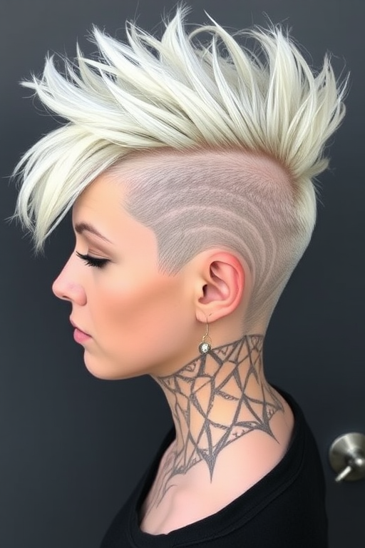 Edgy platinum blonde undercut with intricate geometric patterns shaved into the sides, long top styled in a messy quiff for a bold and daring look