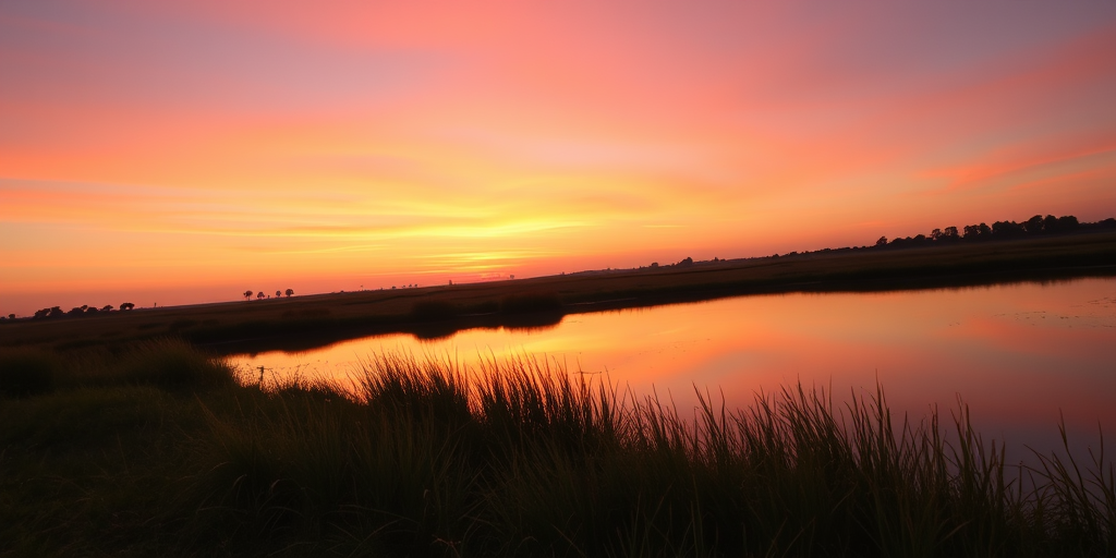 Create a high-resolution image of a serene landscape at sunset with soft pastel colors, using a Canon EOS 5D Mark IV, 24mm lens, f/8 aperture, ISO 100, with a focus on depth of field, capturing the warm glow and reflections in water.
