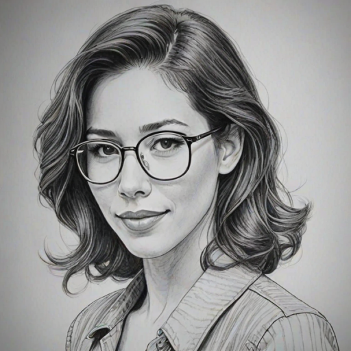 Enticing Michaela Conlin, pencil sketch, portrait of Comely woman 1946s in glasses, hair style beatnik, outline, clear lines, fine lines, 8k