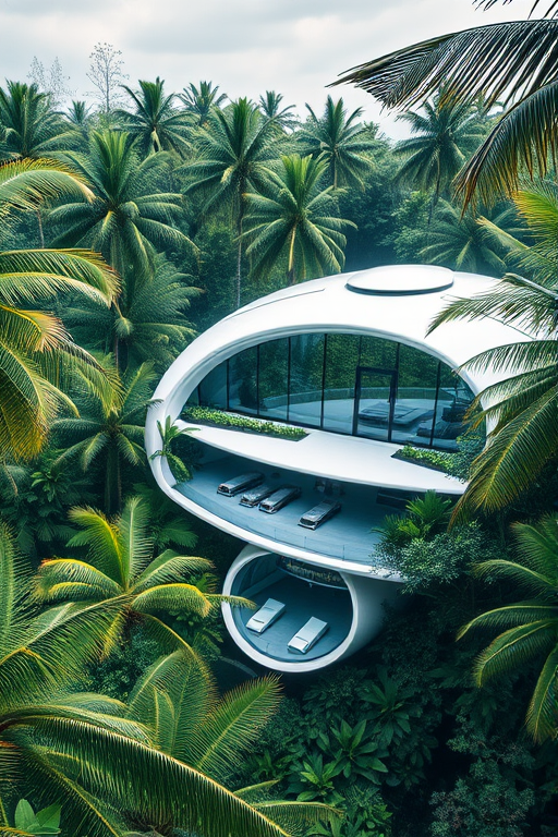 Create a futuristic house in a dense tropical jungle setting, showcasing sleek modern architecture with curved lines and large glass windows, captured in high resolution, using a DSLR camera, 24mm lens, f/8 aperture, ISO 100, with a drone aerial view for dynamic perspective and clarity.