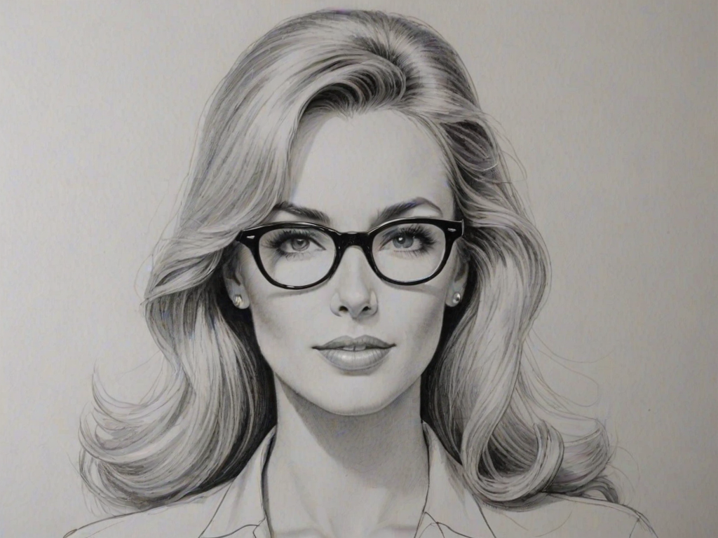 Delightful Alana Stewart, pencil sketch, portrait of Gorgeous woman 1950s in glasses, hair style beatnik, outline, clear lines, fine lines, 8k