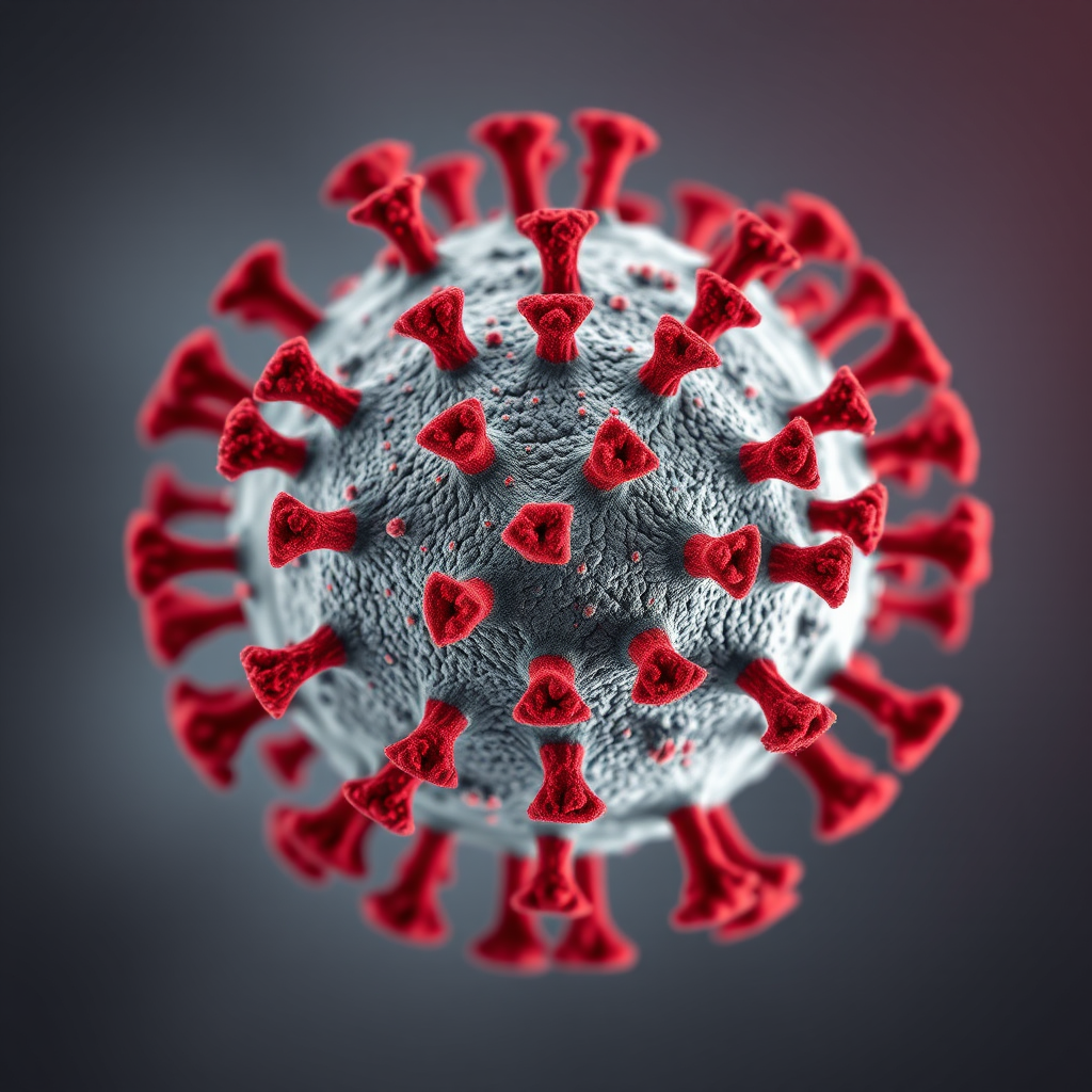 Create a high-resolution illustration of a virus structure with a gray body and red spikes, using a macro lens at f/2.8 aperture, ISO 100, and 1/125 sec shutter speed, captured in a studio setting with soft lighting.