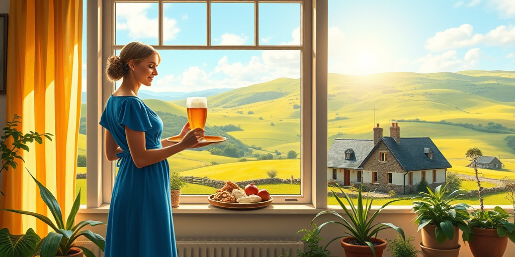 In "A Glass of Beer on the Highland," a serene scene is depicted in a sunlit room where a woman in a vibrant blue dress stands by a large window. She holds a tray with a hearty meal and a frothy glass of beer, embodying a moment of relaxation. Outside, the breathtaking highland landscape features rolling green hills and a charming traditional house, all bathed in warm afternoon light. The interior is adorned with potted plants, creating a harmonious blend of comfort and nature. The painting beautifully captures the tranquility and joy found in simple pleasures amidst stunning scenery