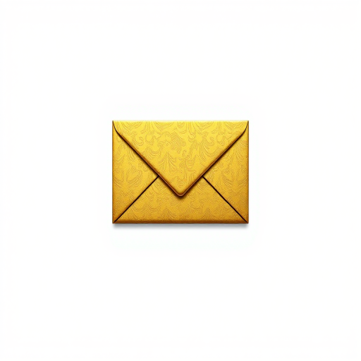 Create a high-resolution vector graphic of a stylized golden envelope logo, using a Canon EOS R5 with a 50mm f/1.2 lens, shot from a front view at f/8 to enhance detail and clarity, with soft lighting and a clean white background for contrast.