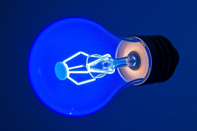 Generate a high-resolution image of a blue light bulb with a glossy finish, using a DSLR camera at f/2.8 aperture, ISO 100, 50mm lens, and a soft-focus background to enhance clarity and detail.