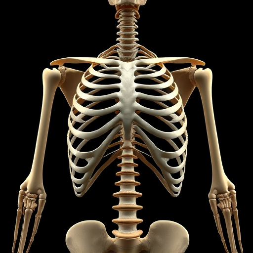 Create a high-resolution illustration of a human ribcage from a frontal view, using a DSLR camera, f-stop of 8, shutter speed of 1/60 sec, ISO 100, with soft lighting to enhance details and contrast.