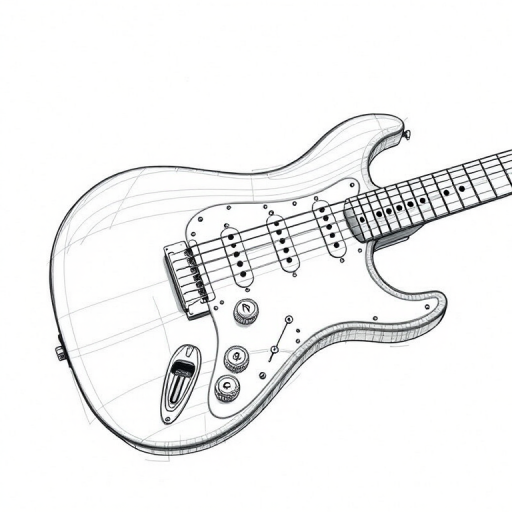 Create a high-resolution detailed sketch of an electric guitar, focusing on intricate line work and clarity, using a 50mm lens, f/8 aperture, ISO 100, in a studio lighting setup, shot from a slightly elevated angle to emphasize the body's curves and fretboard details.