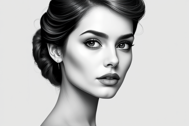 Create a high-resolution black and white illustration of a woman with an elegant hairstyle, shot with a Canon EOS 5D Mark IV, 50mm lens, at f/1.8, ISO 100, using a soft focus effect to enhance the details and texture.