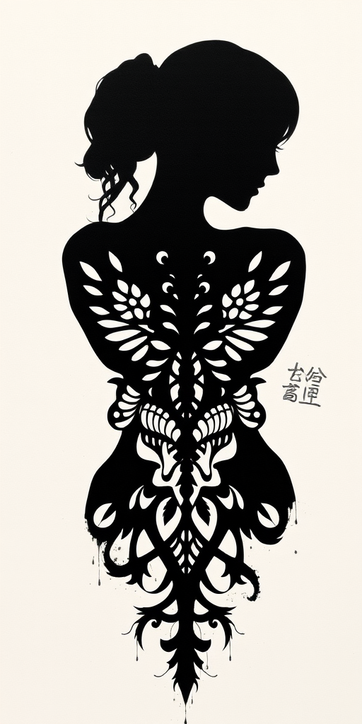 Blackout negative space tattoo called "Shadow Silhouettes" utilizing large areas of solid black ink with carefully planned negative space to reveal intricate designs within