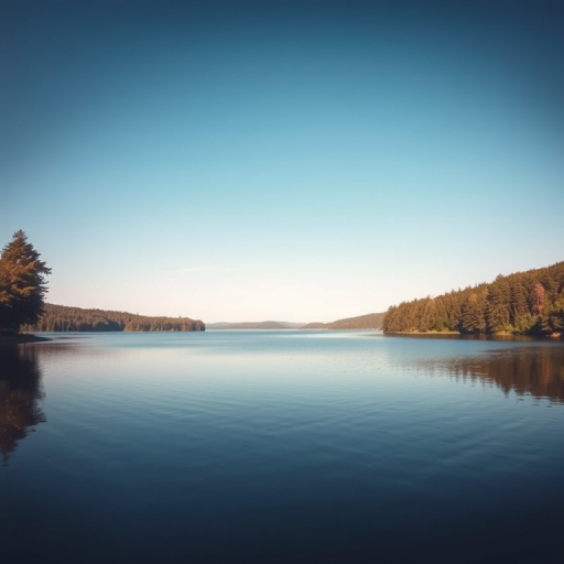 Create a hyper-realistic image of a serene landscape featuring a calm lake surrounded by lush forests under a clear blue sky, use a DSLR camera with a 50mm lens, aperture f/1.8, ISO 100, shutter speed 1/200s, shot from eye level in natural light.
