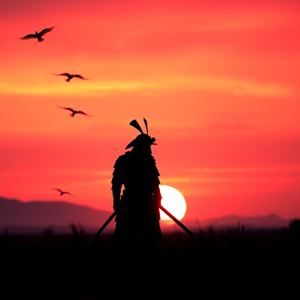 Generate an image of a silhouette of a samurai standing in a field at sunset, with vibrant gradients of pink and orange in the sky, surrounded by flying birds and distant mountains in the background, captured with a DSLR camera at f/5.6 aperture, 50mm lens, ISO 100, shot from eye level to highlight the dramatic lighting.