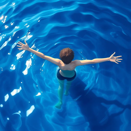 Create a high-quality digital illustration of a character in an ocean surrounded by vibrant blue water, arms outstretched, viewed from a slightly elevated angle, using a Canon EOS R5 camera with a 50mm lens, f/1.4 aperture, ISO 100, 1/200s shutter speed, in a soft focus style to emphasize the serene atmosphere and water reflections.