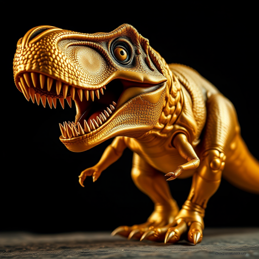 Create a highly detailed digital illustration of a T-Rex in a sleek gold metallic style, shot from a low angle perspective using a DSLR camera with a 50mm lens at f/1.8, ISO 100, and a shutter speed of 1/250s to enhance clarity and depth.