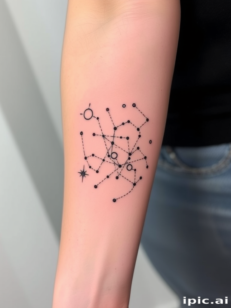 Minimalist single needle "Celestial Cartography" tattoo artwork portraying constellations galaxies and cosmic bodies using tiny precise dots and thin lines to create a subtle yet captivating star map on the skin