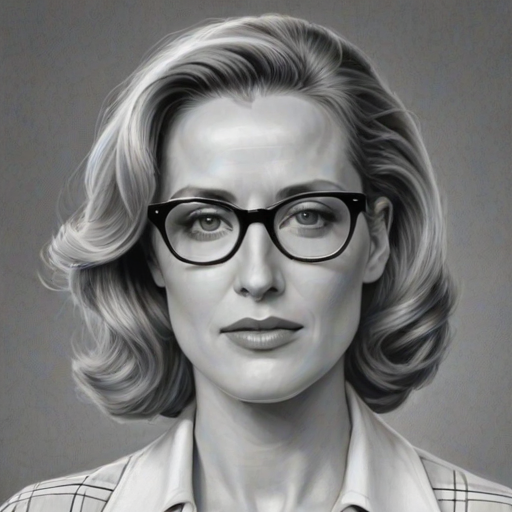 Graceful Gillian Anderson, pencil sketch, portrait of Charming woman 1957s in glasses, hair style beatnik, outline, clear lines, fine lines, 8k