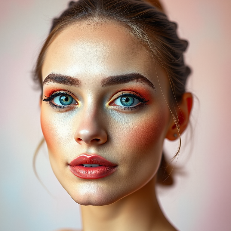 High-resolution portrait of a woman with artistic makeup, soft pastel background, natural lighting, 50mm lens, f/2.8 aperture, ISO 100, portrait view, digital camera.