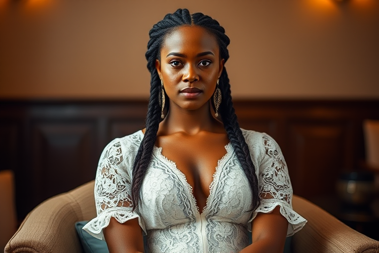 Create a portrait of a refined and elegant Fijian woman seated in a sophisticated setting. She has long, wavy hair styled in two thick braids that are pulled over her shoulders. She wears a white, lace gown with intricate patterns, featuring a deep V-neckline and short sleeves. The dress exudes a vintage charm with its delicate lacework. She is adorned with ornate, dangling earrings that add a touch of glamour to her appearance. The background is softly lit, with warm, ambient lighting that creates a cozy and inviting atmosphere. Her expression is poised and serene, capturing a sense of grace and elegance.