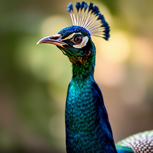 peacock close-up, f/2.8, 1/250 sec, ISO 100, 85mm lens, soft natural light, shallow depth of field, DSLR camera, portrait style