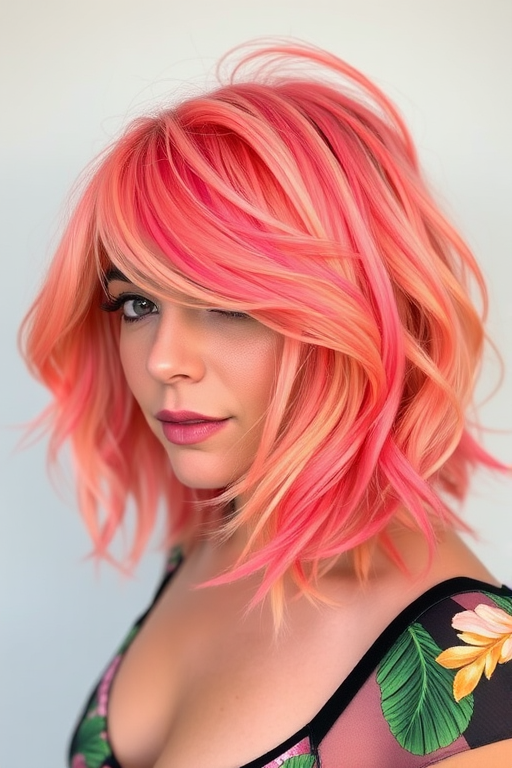 Vibrant coral feathered shag called Tropical Sunset showcasing choppy layers and wispy bangs in a gradient of warm peachy hues reminiscent of a breathtaking island sunset