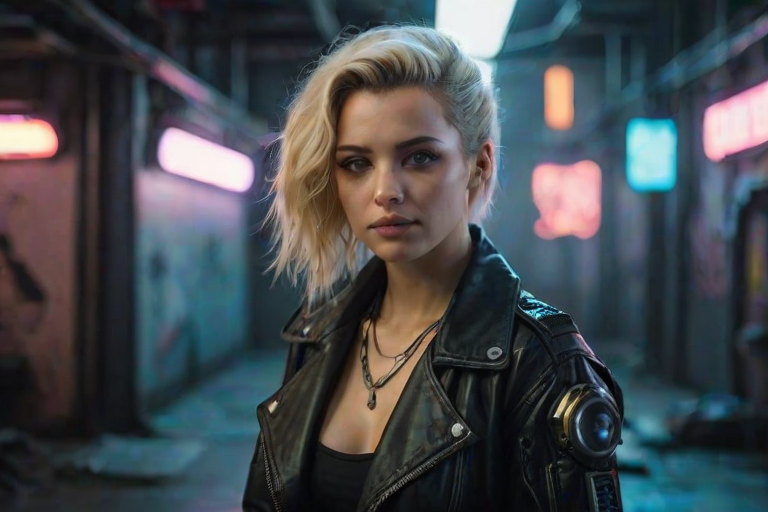 portrait of a blonde woman in a cyberpunk setting