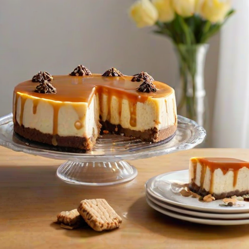 Create an image of a delicious cheesecake topped with a smooth layer of caramel sauce. The cheesecake should have a crumbly biscuit base and be garnished with crushed cookies on top. Include a jar of cookie spread in the background and some whole cookies arranged around the plate for decoration. The setting should be bright and inviting, showcasing the cheesecake as the main focus.