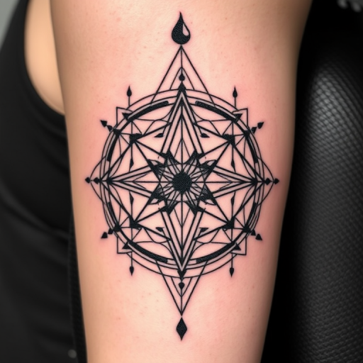 Geometric blackwork tattoo named "Sacred Geometry" featuring precise line work and solid black shapes forming complex patterns inspired by mathematical principles and spiritual symbolism