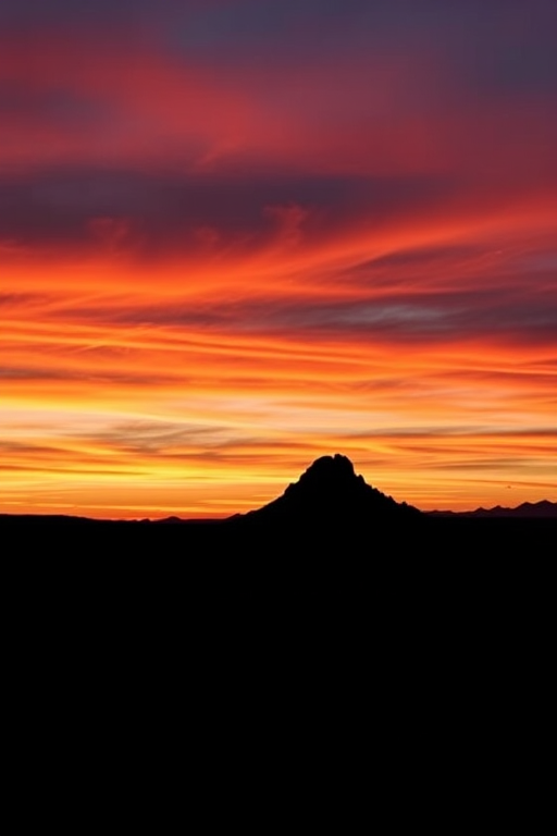 Create a high-contrast black silhouette of a stylized mountain landscape at sunset, shot with a Canon EOS R5, 50mm f/1.2 lens, aperture f/2.0, ISO 100, in landscape orientation, capturing vibrant colors in the sky with rich details in the foreground.