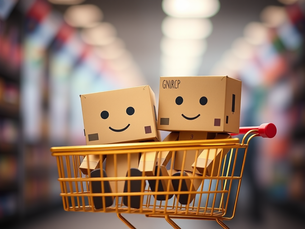 Create an image of two cardboard box characters with smiling faces sitting in a golden shopping cart, captured with a 50mm lens, f/1.8 aperture, ISO 200, natural lighting, close-up perspective, high-resolution, and vibrant colors.