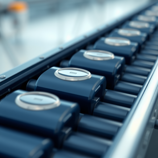 Regenerate a 3D illustration of a dark blue conveyor belt with five circular rollers, using a high-resolution camera with a macro lens at f/8 for depth of field, shooting from a top-down perspective to capture intricate details, in realistic rendering style.