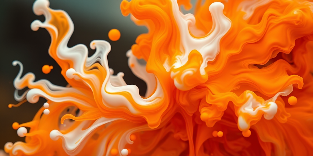 Create a vibrant close-up of swirling orange and white ink in water, captured with a Canon EOS R5, 50mm lens at f/2.8, ISO 100, 1/200s, with soft diffused lighting to enhance fluid dynamics and texture.