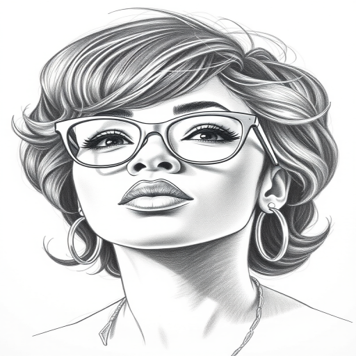 Beautiful Viola Davis, pencil sketch, portrait of beautiful woman 60s in glasses, hair style beatnik, outline, clear lines, fine lines, 8k