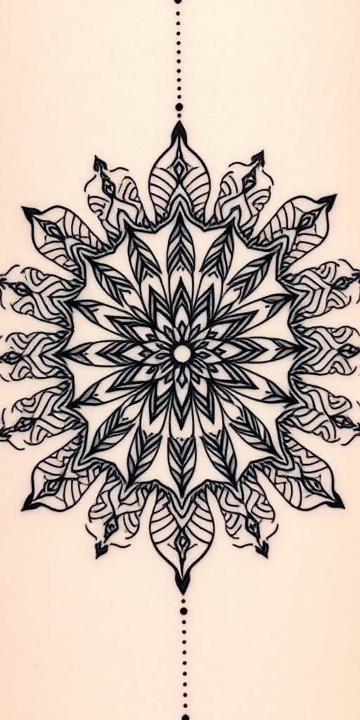 Delicate blackwork mandala tattoo called "Sacred Geometry" showcasing intricate repeating patterns radiating from a central point with varying line weights and dotwork shading
