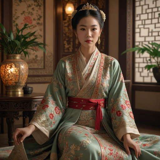 A beautiful woman in traditional East Asian attire, intricately detailed with embroidered patterns, sitting gracefully in a richly decorated room, soft ambient lighting, serene and elegant, ultra-realistic, 8K resolution