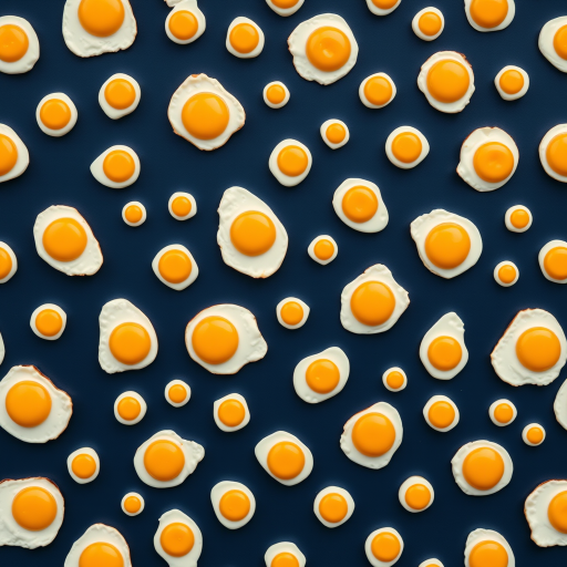 Create a seamless pattern design featuring various sizes of fried eggs on a dark blue background, in a flat lay style, using a digital camera with a 50mm lens, f/8 aperture, ISO 100, and natural lighting for enhanced clarity and color vibrancy.