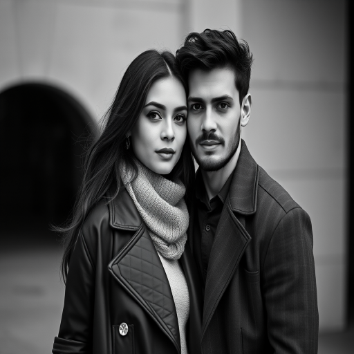 Generate a high-contrast black and white portrait of a stylish couple standing close together, using a Canon EOS R5 camera with a 50mm f/1.2 lens, aperture set to f/2.8, ISO 100, and a soft focus background to emphasize their features.