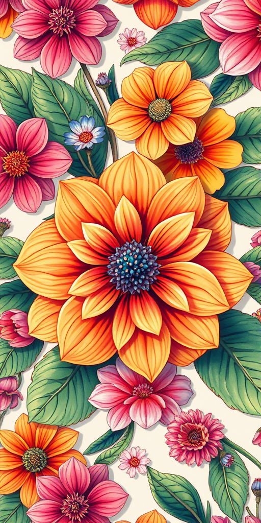 Generate a high-resolution illustration of a detailed floral pattern with vibrant colors, using a Canon EOS R5 camera with a 50mm f/1.8 lens, aperture set to f/4, ISO 100, captured from a top-down view in natural soft lighting to enhance texture and depth.