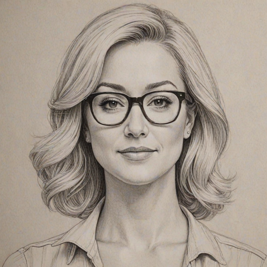 Appealing Kellie Pickler, pencil sketch, portrait of Resplendent woman 1972s in glasses, hair style beatnik, outline, clear lines, fine lines, 8k