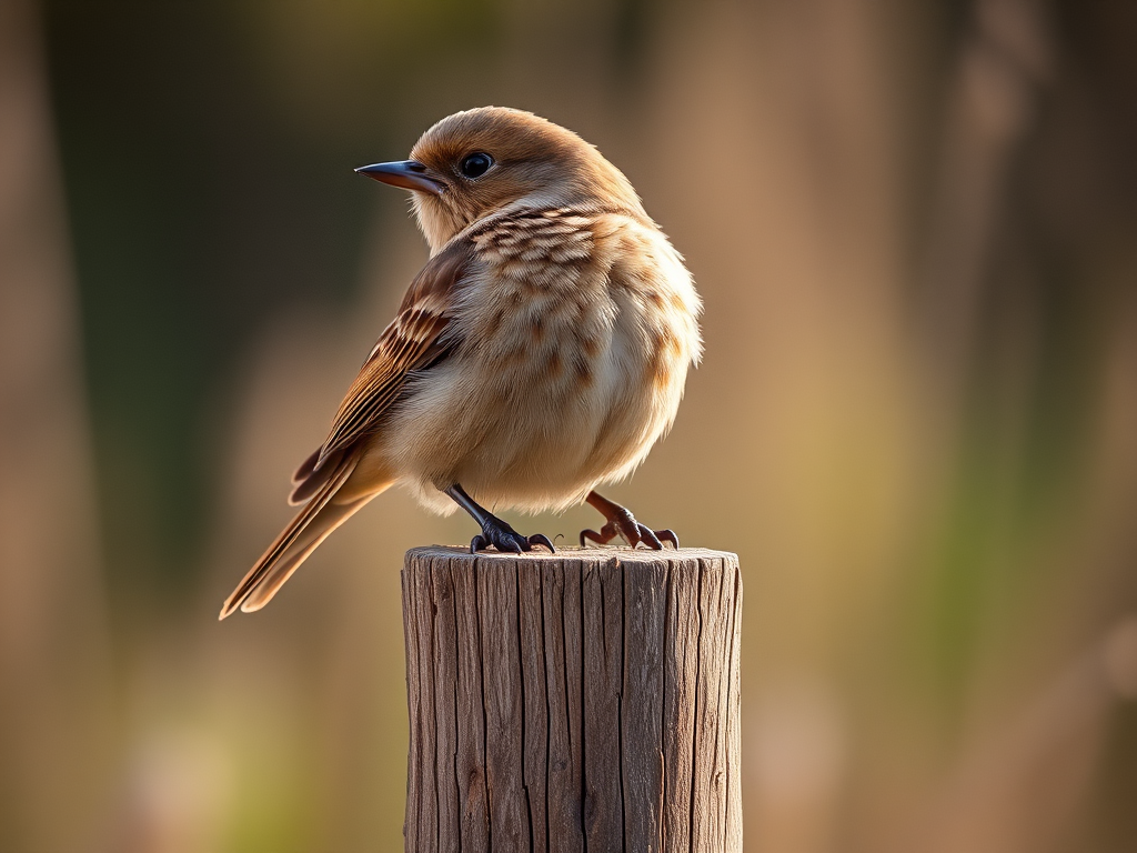 regenerate an image of a brown bird perched on a wooden post in a natural setting, using a Canon EOS 5D Mark IV, 300mm lens, f/4 aperture, ISO 100, 1/800 sec shutter speed, with a shallow depth of field and soft bokeh background to enhance details and textures.