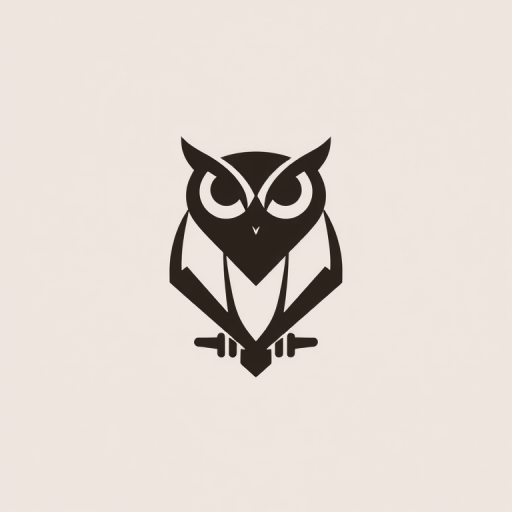 Create a high-resolution image of a stylized logo featuring a minimalist owl design with sharp angles and modern elements, using a Nikon D850 camera, 50mm lens, f/1.8 aperture, ISO 100, natural lighting, and a straight-on view to emphasize clarity and detail.