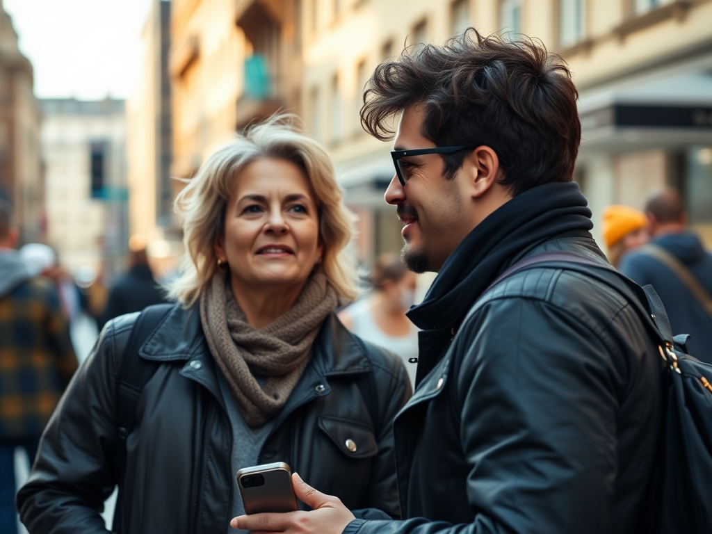 Regenerate the image of two people in conversation on a city street, using a DSLR camera with a focal length of 50mm, aperture set to f/2.8, ISO 100, natural lighting, shallow depth of field, and vibrant colors to enhance image quality.
