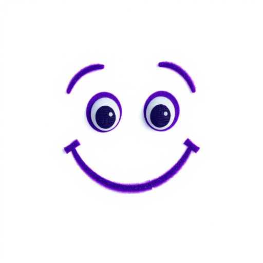 Create a vibrant purple smiley face with large expressive eyes, centered on a white background, captured with a DSLR camera at f/2.8 aperture, ISO 100, and 50mm lens, using a shallow depth of field for a soft background blur.